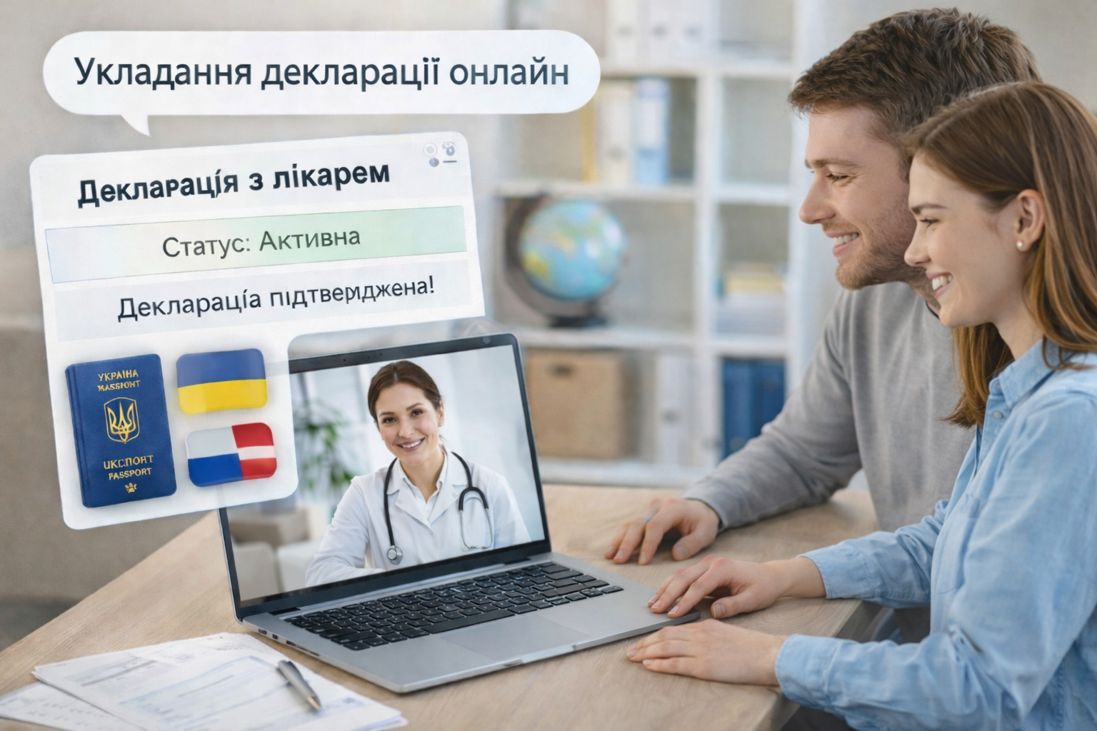 Пара за кордоном укладає декларацію з лікарем онлайн через ноутбук – відеоконсультація з українським лікарем