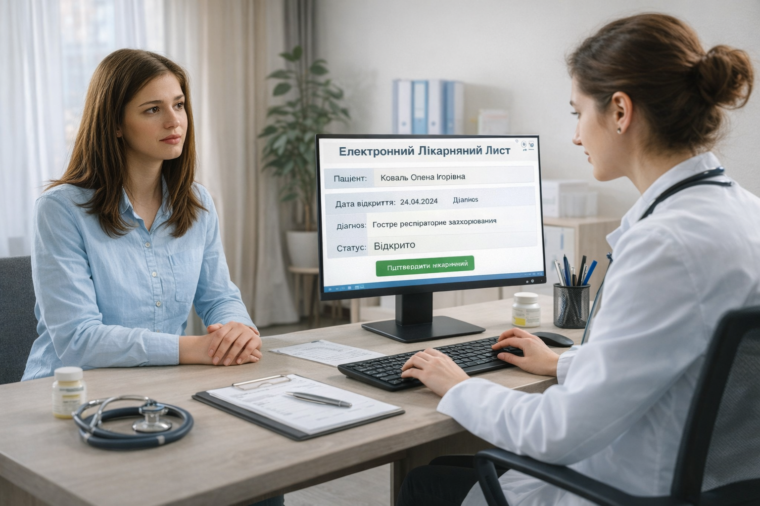 Лікар оформлює електронний лікарняний пацієнтці через систему eHealth у медичному кабінеті